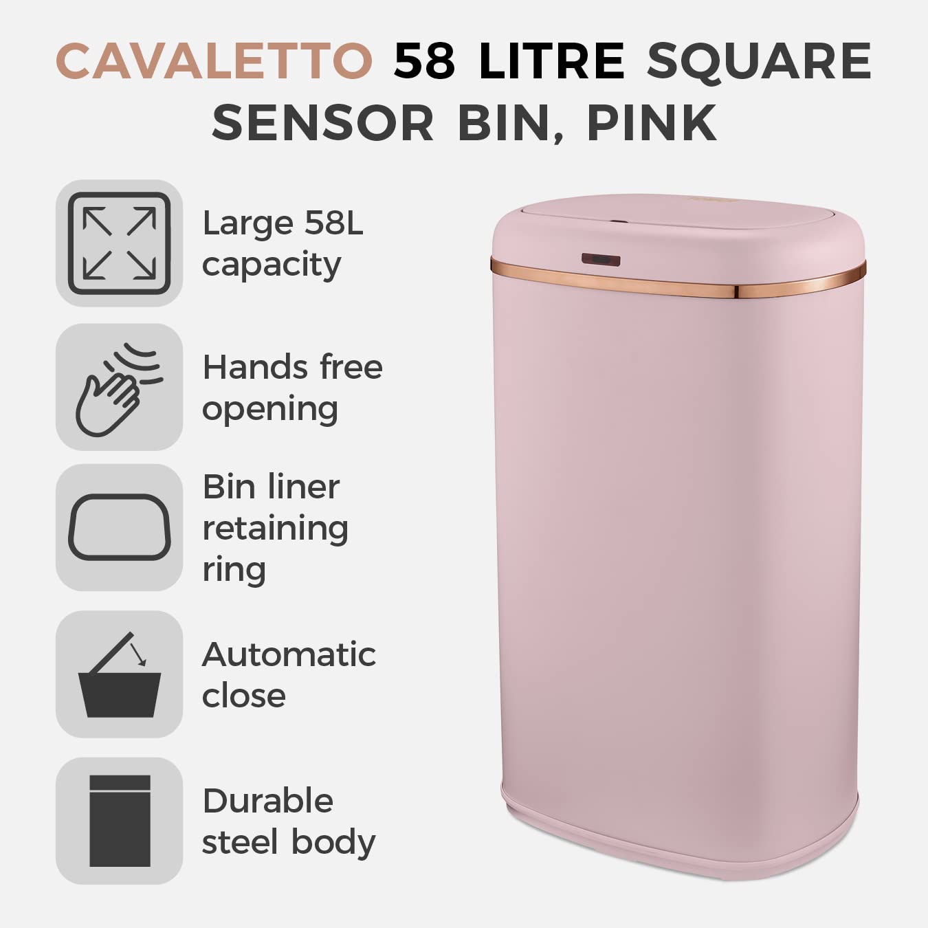 Tower T838010PNK Cavaletto Square Sensor Bin, 58L, Pink and Rose Gold