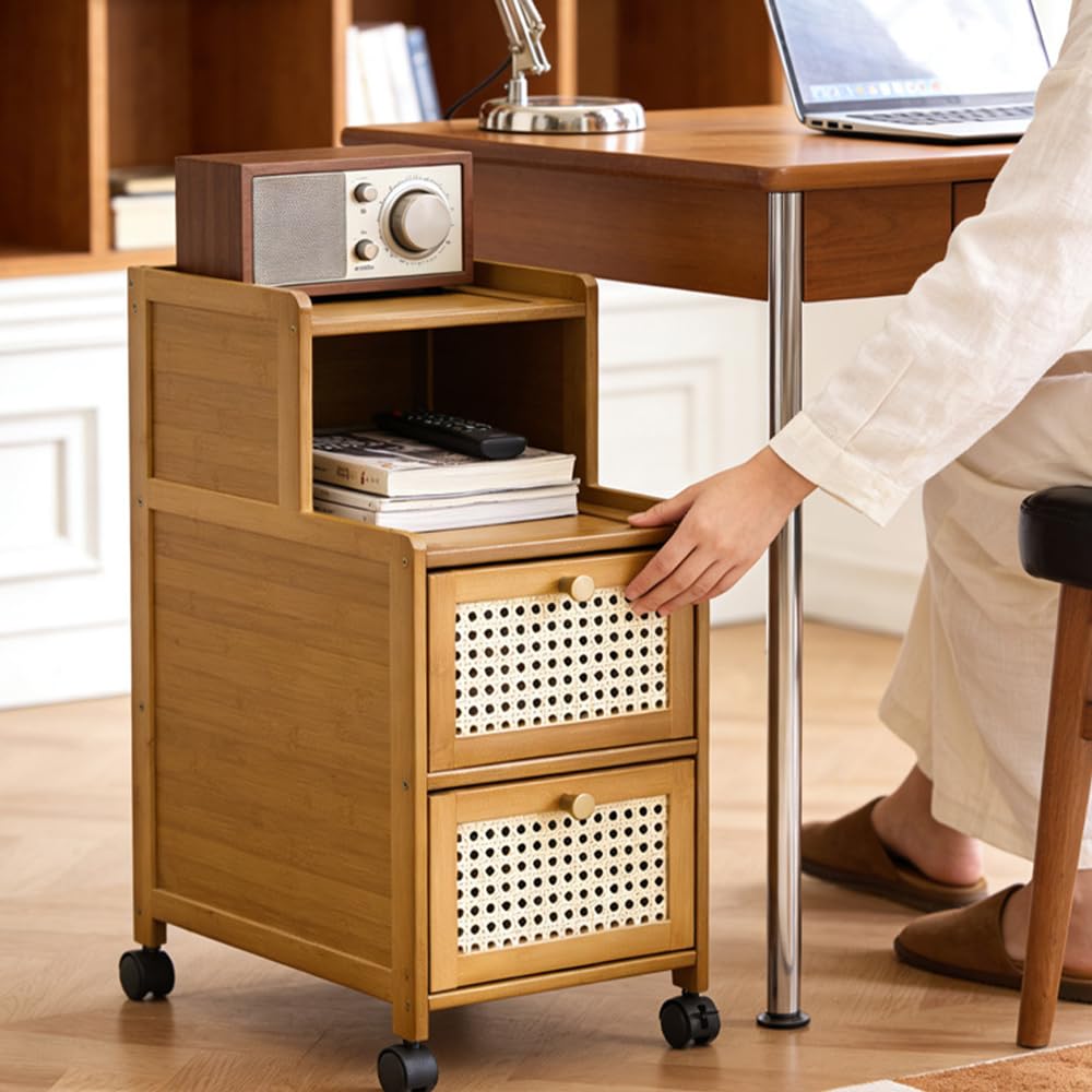 VAVVIP Bamboo Bedside Table Slim with Drawer, Set of 2 Small Narrow Side End Tables for Bedroom