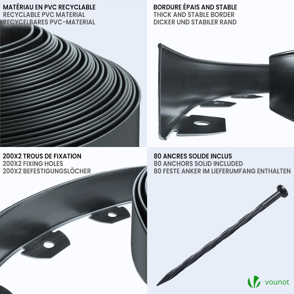 VOUNOT? 40m Flexible Lawn Garden Edging Border, Plastic Grass Path Edging with 80 Reinforced Securing Pegs, Height 5cm, Anthracite