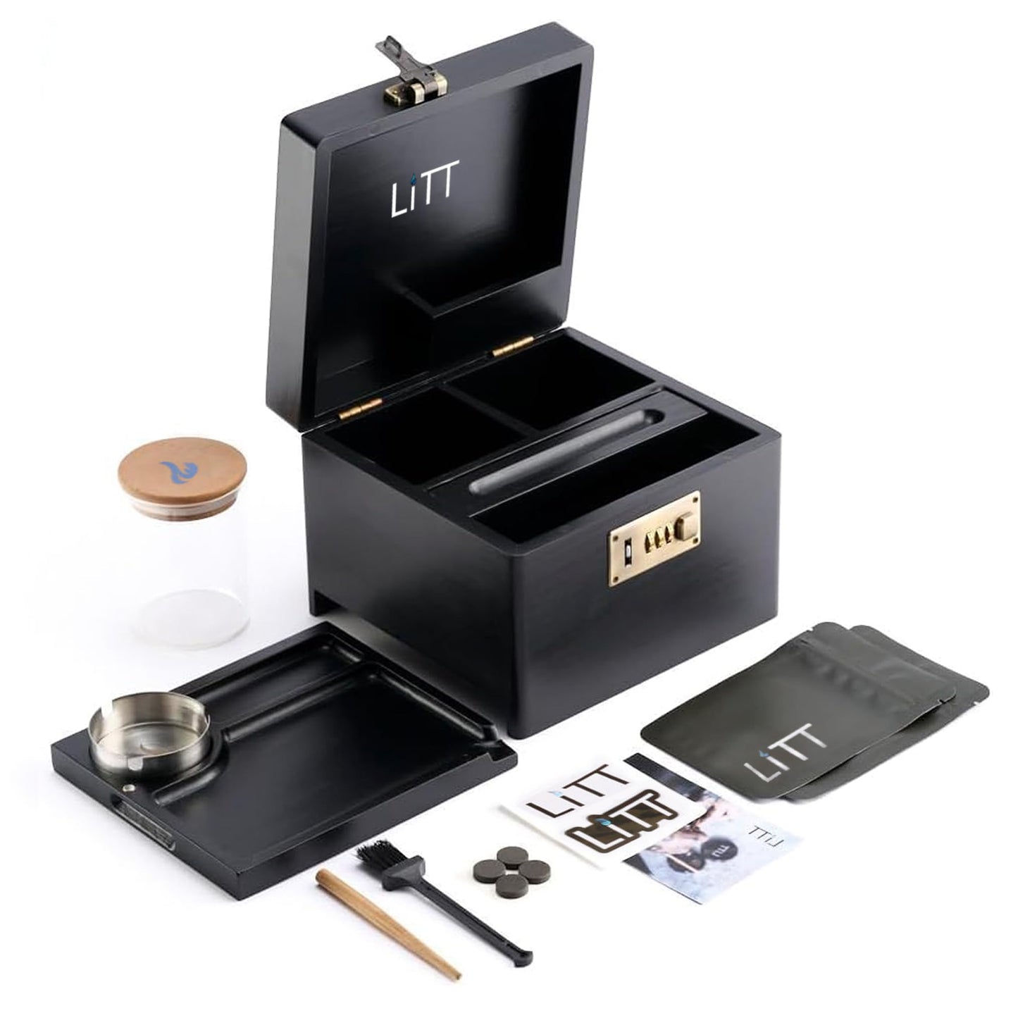 LITT Wooden Stash Box with Combination Lock, Black