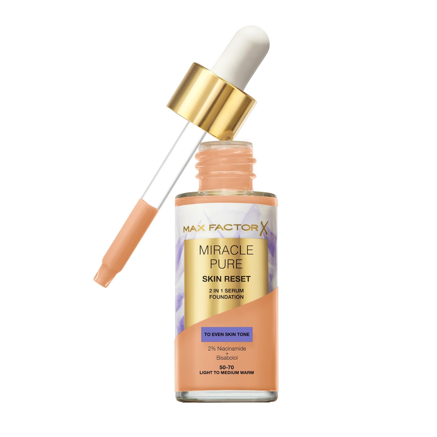 Max Factor Miracle Pure Skin Reset Serum Foundation, 50-70 Light To Medium Warm, 2-in-1 Serum Formula, Healthy Looking Skin, Medium Coverage, Satin