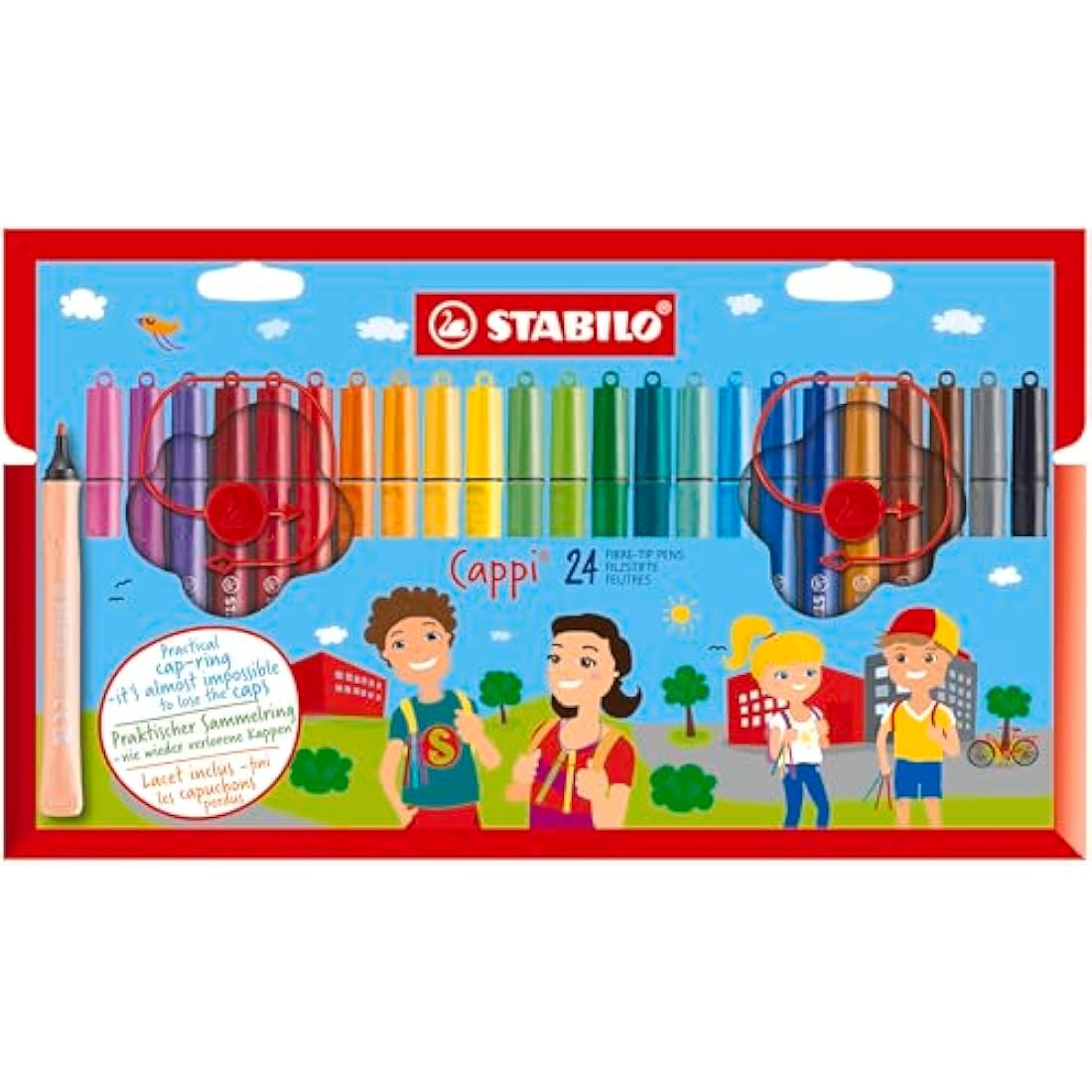 STABILO Cappi - Fibre-Tip Pen with Cap-Ring - Pack of 24 - Assorted Colours with 2 Cap-Rings