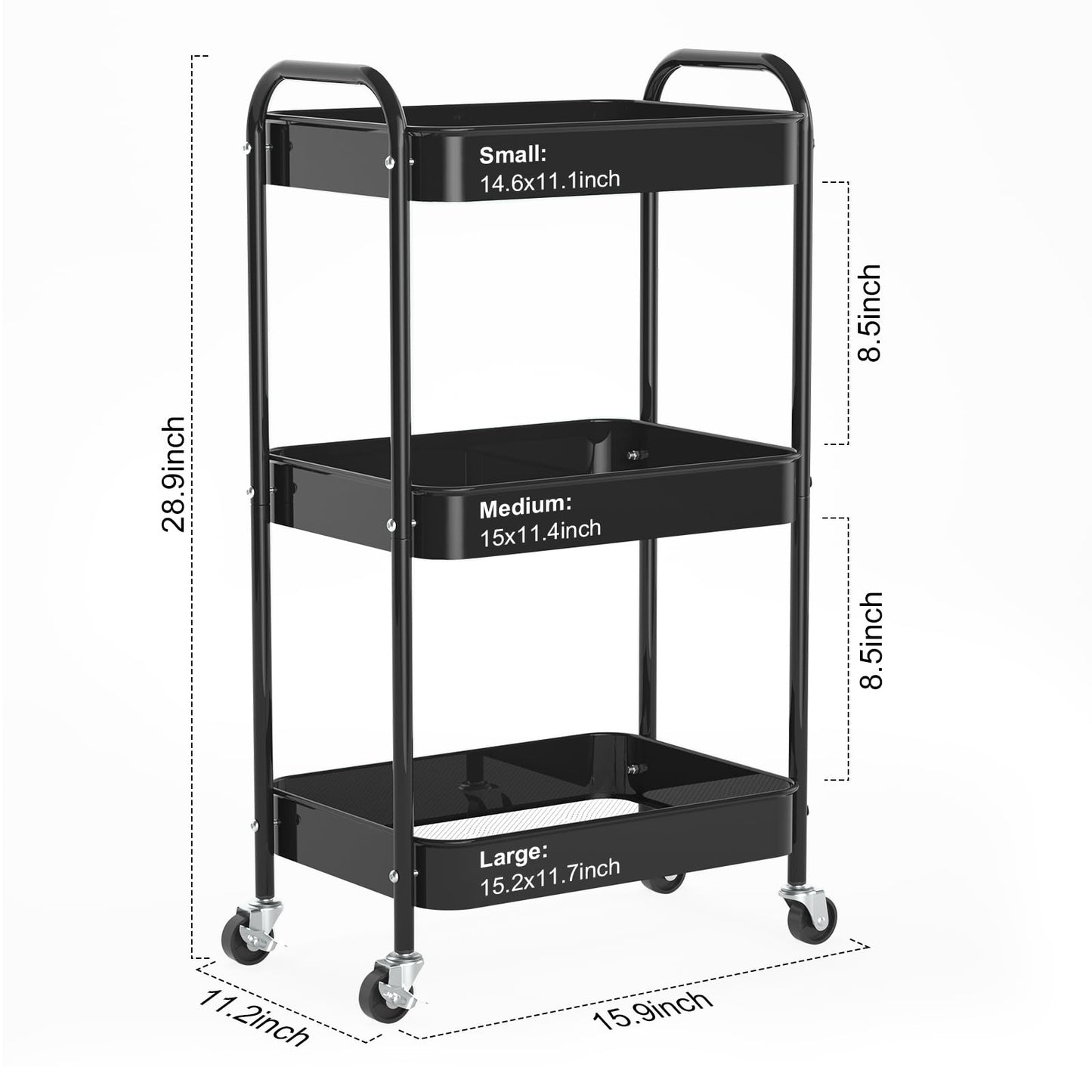 PNVXNUS 3-Tier Rolling Cart, Metal Utility Storage Carts with Wheels, Black