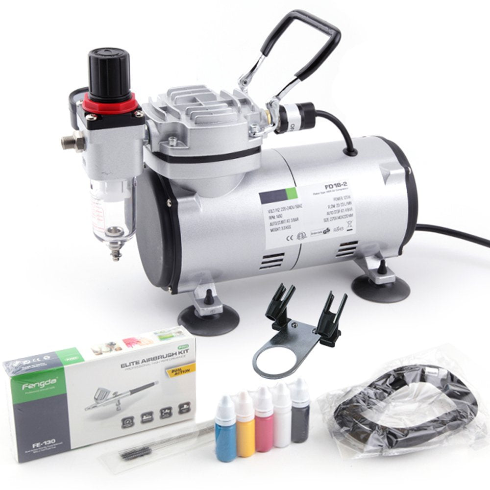 Fengda Basic Airbrush kit with Compressor FD-18-2K with Powerful Working Pressure and Strong Airflow Compressor FD-18-2, Airbrush FE-130 and
