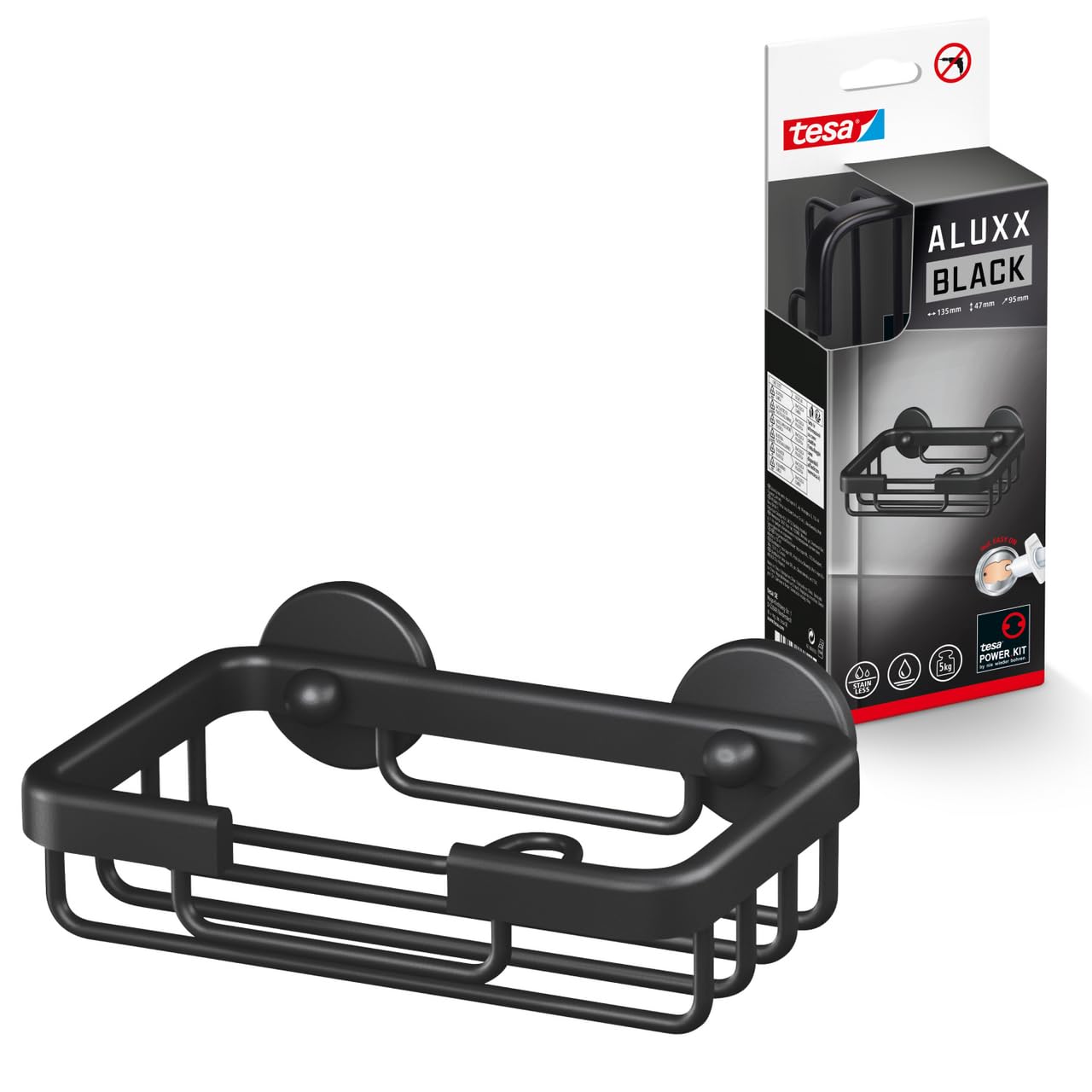 tesa ALUXX BLACK Wall Mounted Soap Holder, Matt Black - Suits industrial style and modern bathrooms - Drill-free, with self-adhesive solution - 135 mm