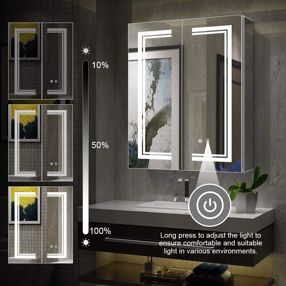 Janboe High-End Led Mirror Cabinet,Lighted Mirror Cabinet,3 Colors&Dimmable,Demister,Lighted Glass Shelf,USB Shaver Socket,Surface Mount or Recess