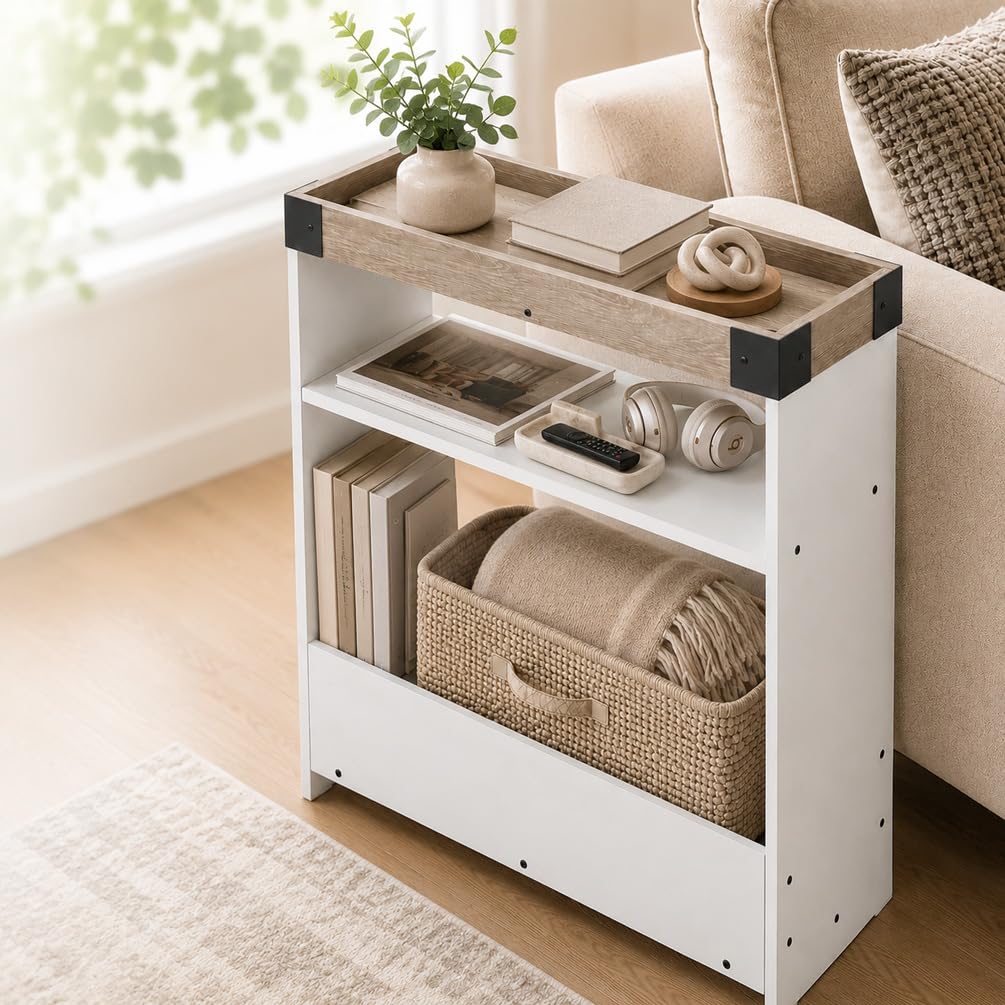 ZEXVIDA Narrow Side Table, 8" Slim End Table with Tray Top, Oak & White