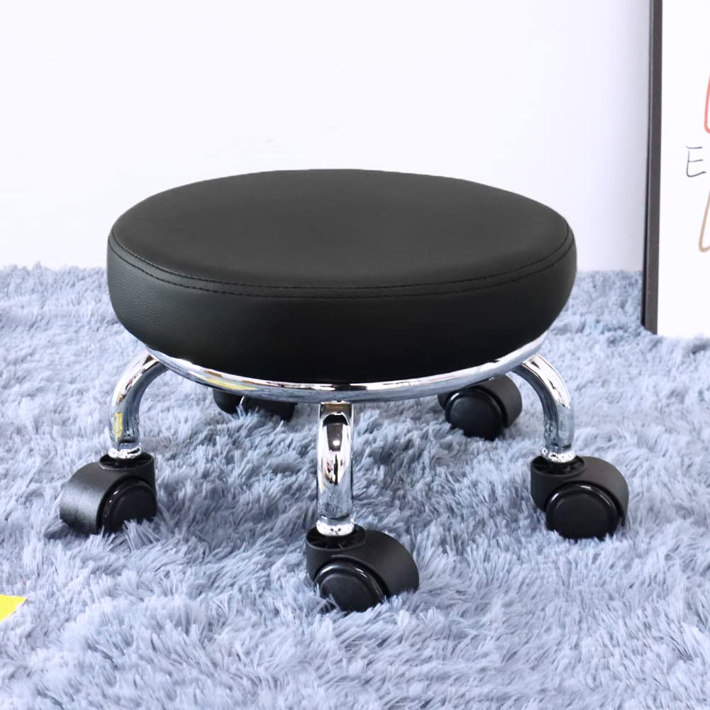 WKWKER Roller Seat PU Leather Low Round Rolling Stool Small Chair with Universal Swivel Caster Wheels for Home Office Garage Shop Fitness Sport（Black）