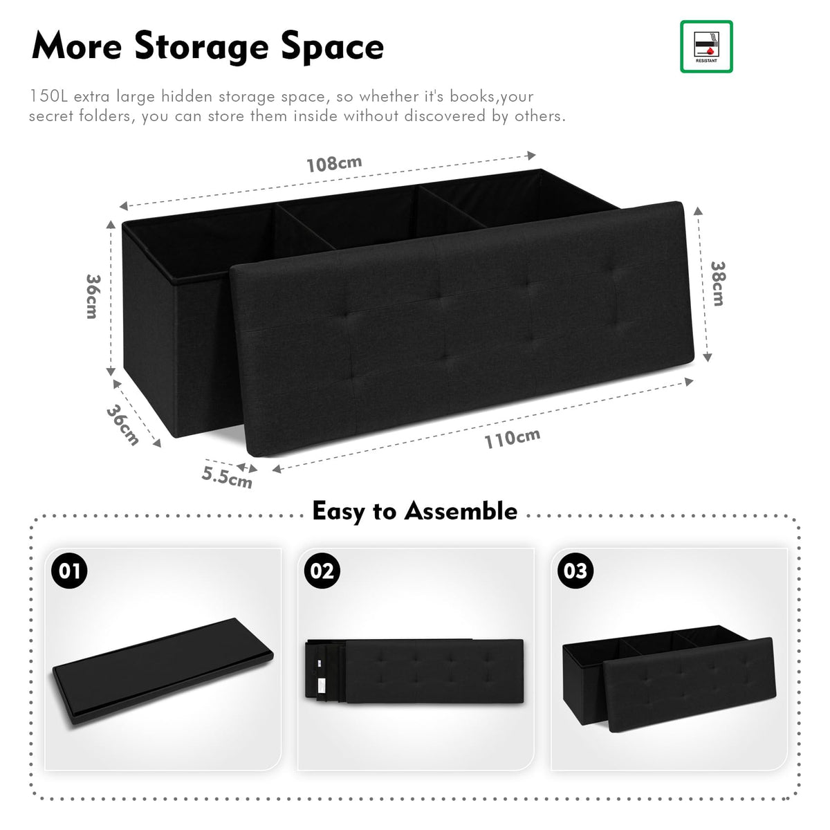 Bonlife 110cm Extra Large Ottoman Storage Box with Lid,Black Folding Toy Chest Boxes Bedroom End of Bed Storage Bench Footstools for Living Room