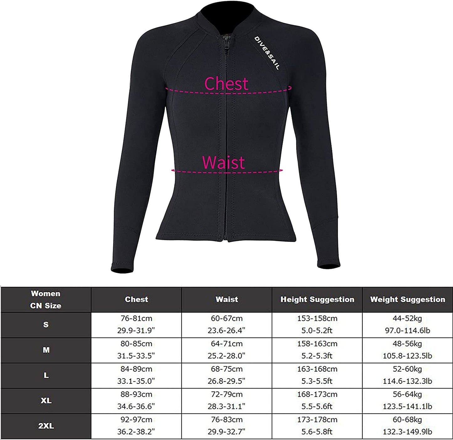 EUPTE 2mm Wetsuits Women/Men Long Sleeve Jacket UPF50+ UV Protection Diving Skin Suit Top for Scuba Diving Snorkeling Surfing Swimming (women, S)