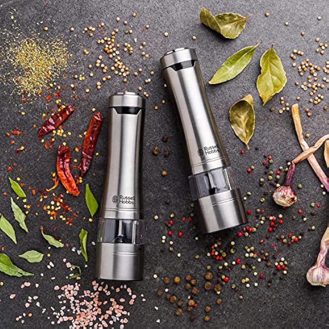 Russell Hobbs Stainless Steel Electric Salt & Pepper Mill Set with adjustable ceramic grinder heads for fine or coarse grinding, Battery operated, Light up during use, One handed operation, 23460-56