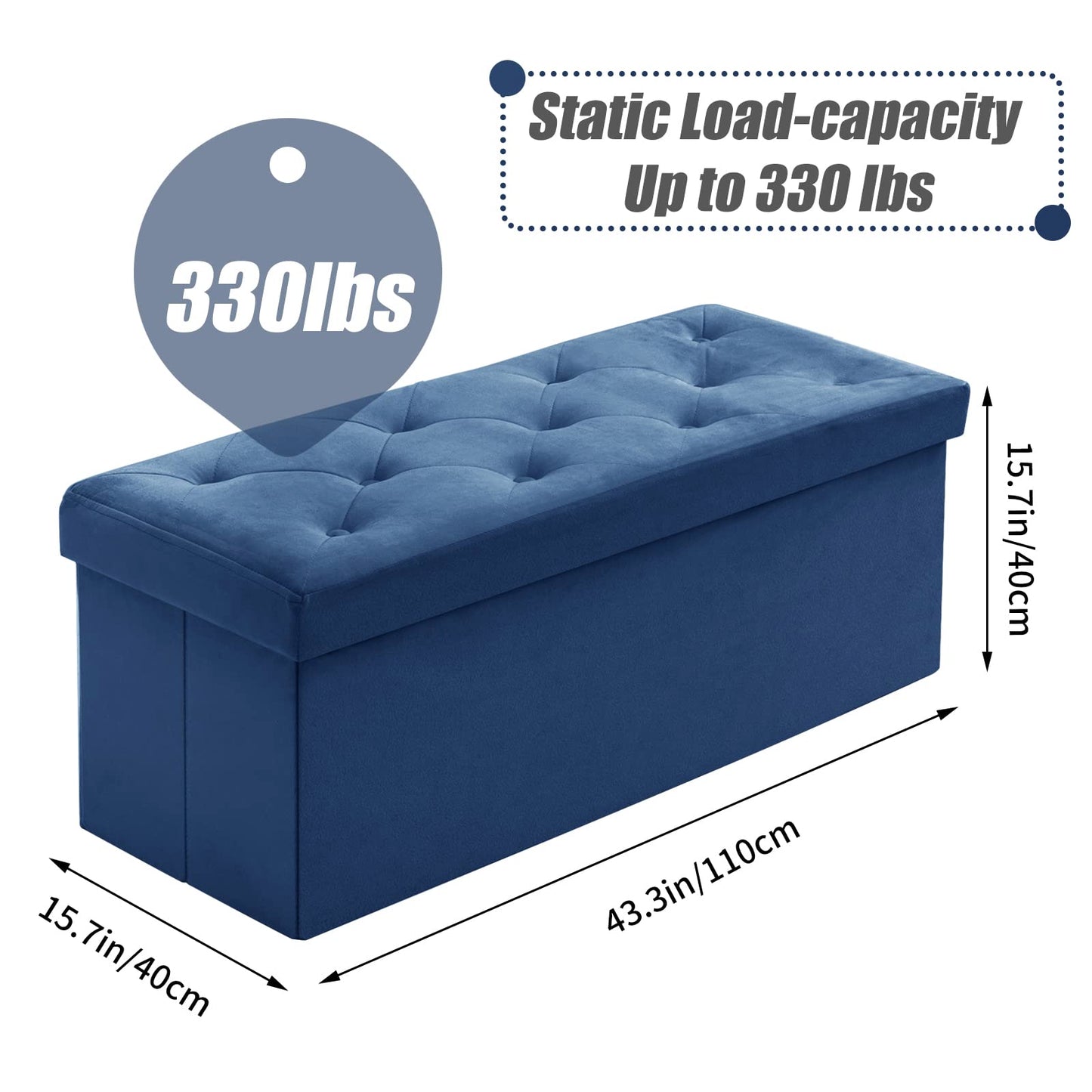 BRIAN & DANY Folding Storage Ottoman Bench, Velvet Large Ottoman Storage Box for Living Room and Bedroom 110 x 40 x 40 cm - Navy Blue