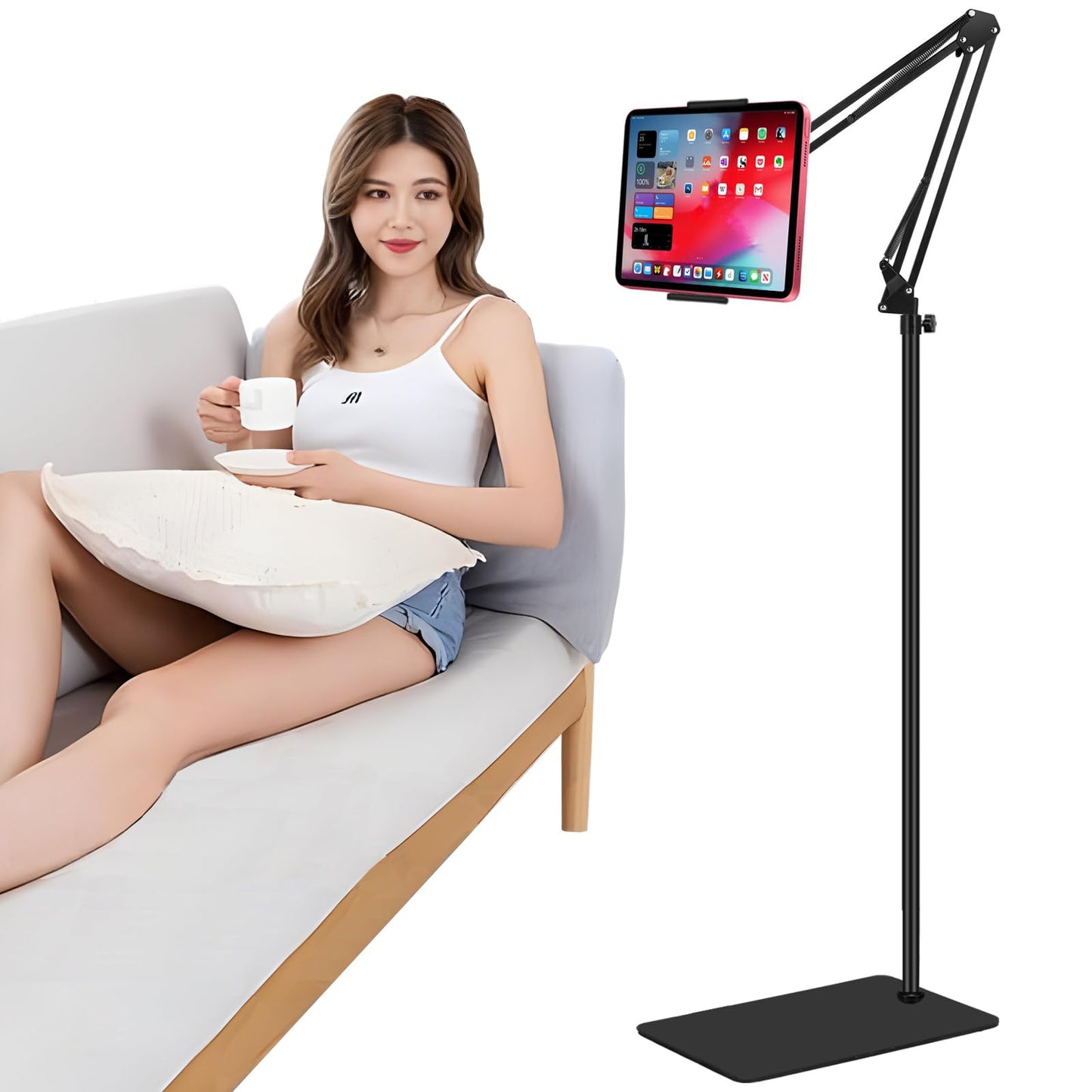 Tablet Floor Stand with Double Weight Base, Overhead Bed Phone Holder, Height & Arm Adjustable, Compatible with 4.5''-13'' iPhone, iPad, Galaxy Tab,