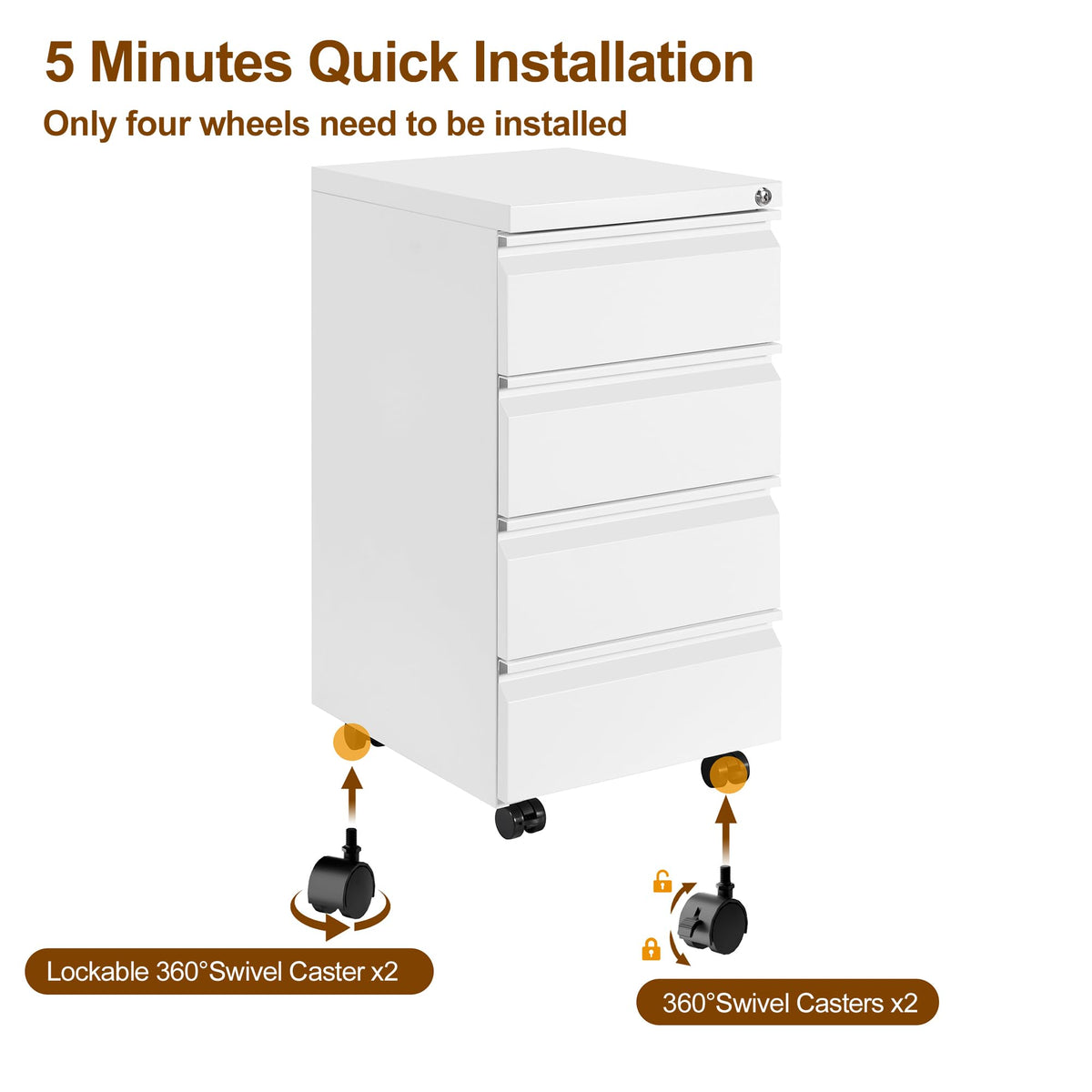 HOMSTEEL 4 Drawers File Cabinet, Metal Filing Cabinet with Lock, Mobile File Cabinet, Fully Assembled Except Casters, for Office, Home Office, White