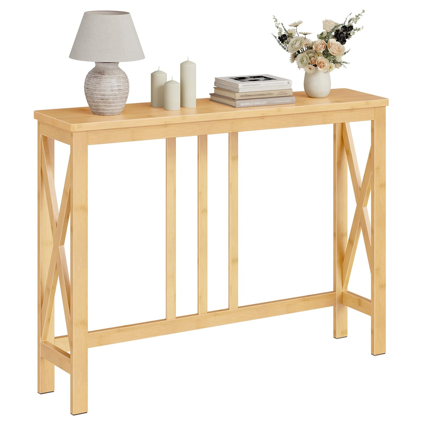 HOOBRO Slim Console Table for Hallway, 100 cm Bamboo Behind Sofa Table, Narrow Hallway Table with X-Shaped Side Frames, Modern Side Table