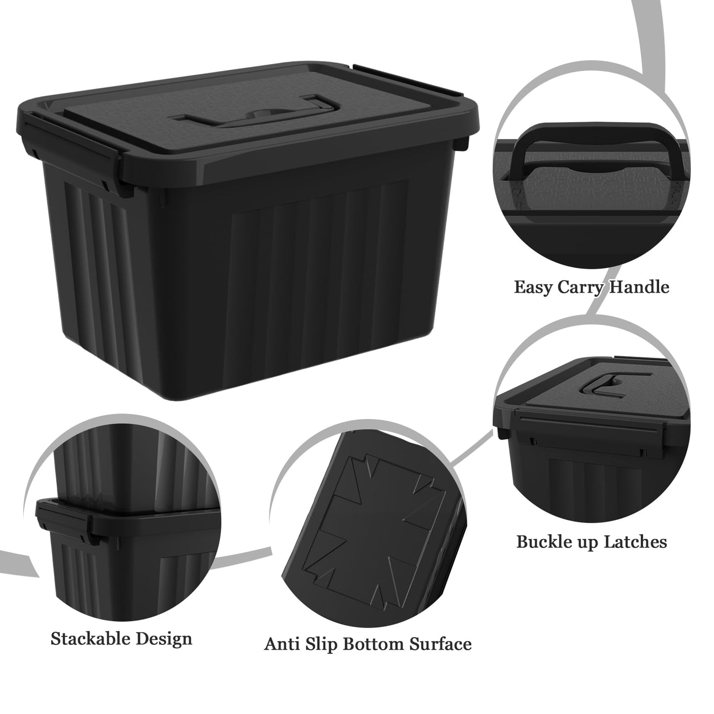 Minekkyes 6 L Plastic Storage Box with Lids/Handles, Stackable Storage Bin with Latching Buckles, 6 Packs, Black