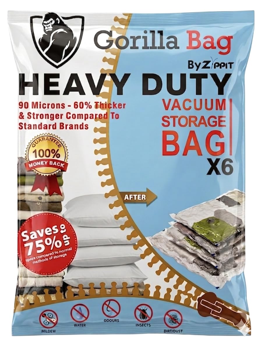 HEAVY DUTY 6 VACUUM STORAGE BAGS by Gorilla Bags. 2 Large (100x80cm), 2 Medium (60x80cm), 2 Small