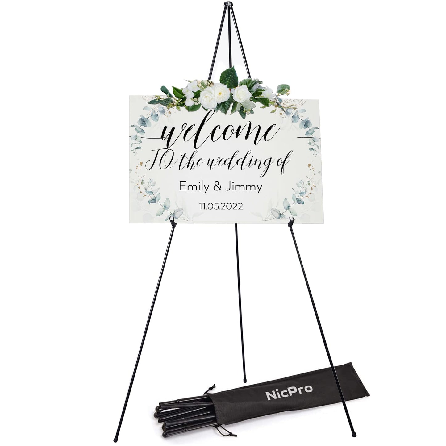 Nicpro Folding Easel for Display, 63 Inch Metal Floor Easel Stand Tripod Black Portable for Artist Poster Wedding with Carry Bag