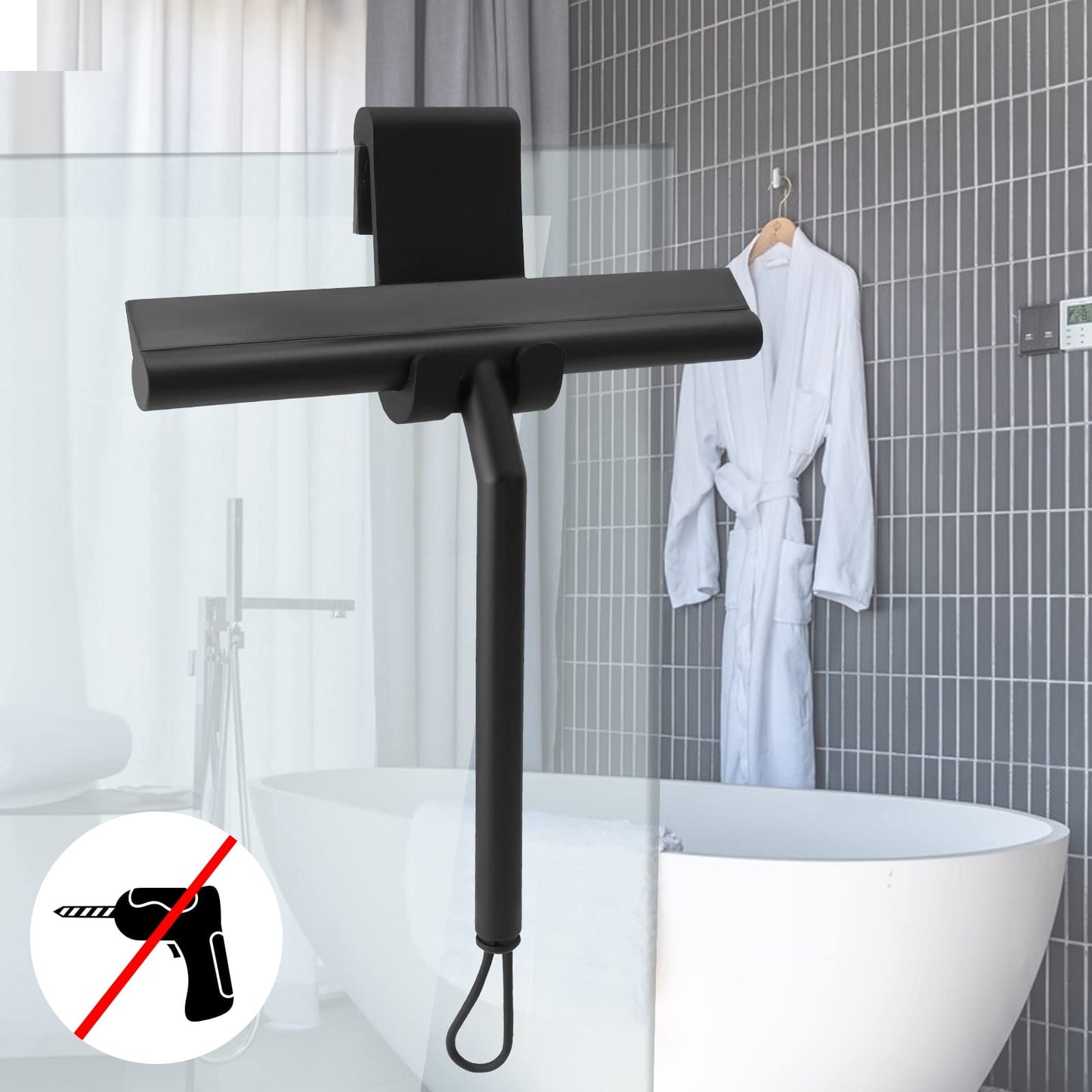 Thboxes Shower Squeegee, 8In Window Glass Silicone Scraper with Hook, Black