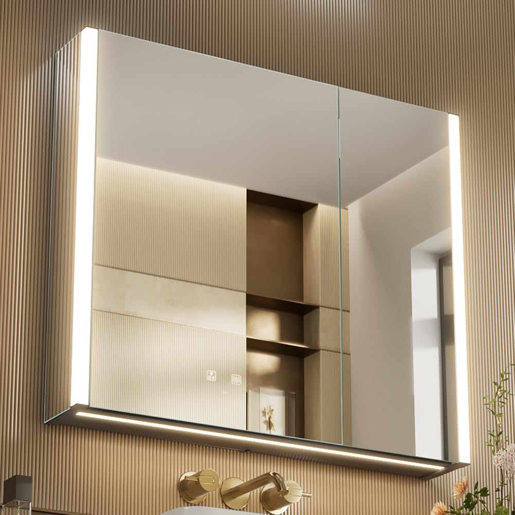 KWW 80 x 70 cm Two Doors Aluminum LED Bathroom Medicine Cabinet with Mirror