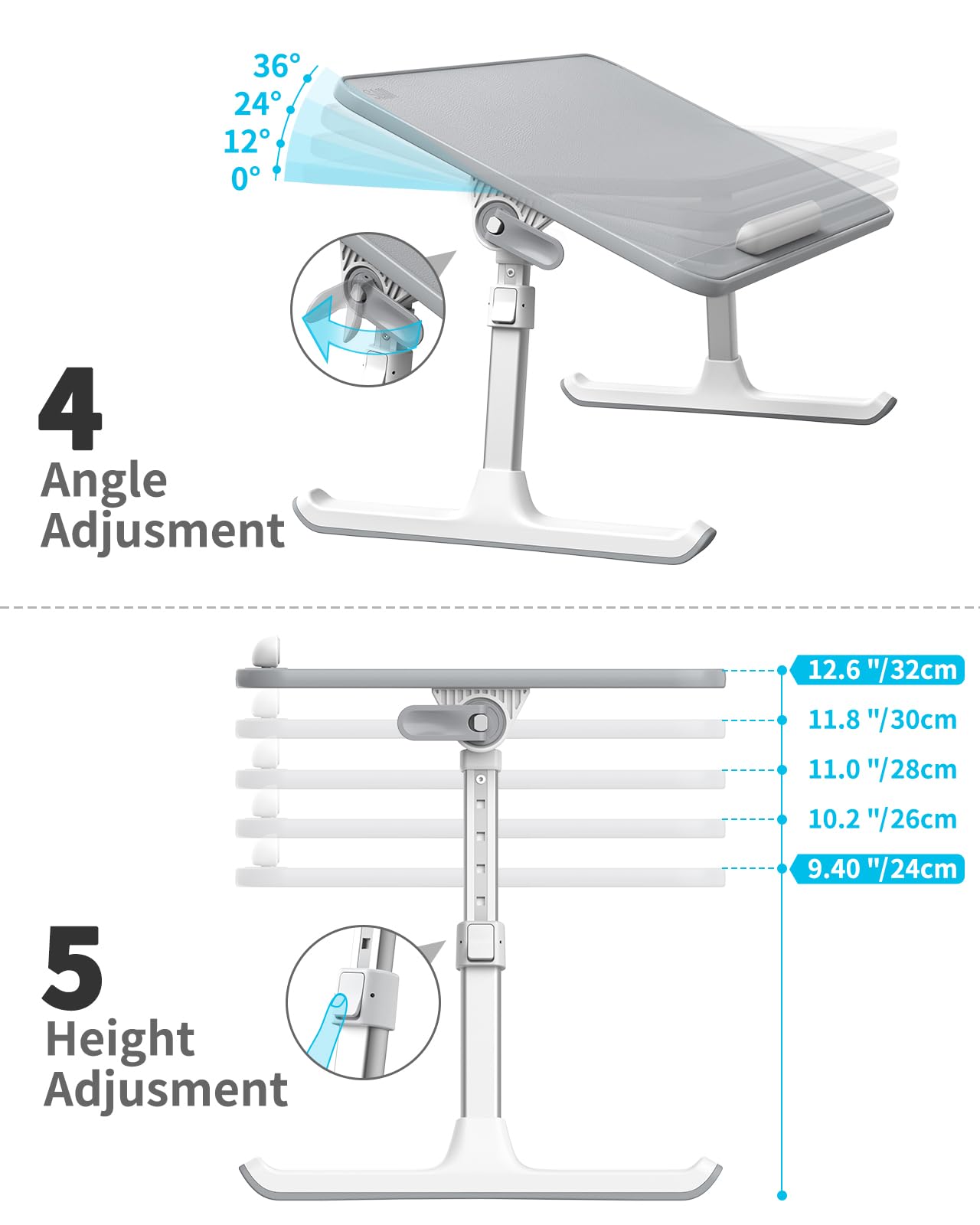 Lap Desk, SAIJI Bed Table, Thick Stable Feet, Height and Angle Adjustable, Enough Mouse Space, up to 17'' Laptop, for Homeoffice, Breakfast, Study