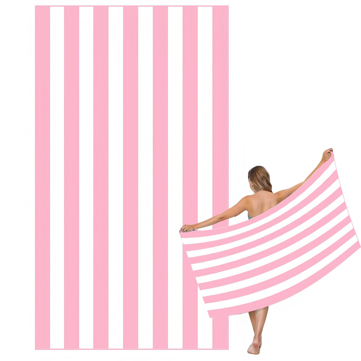 Large Quick Dry Microfibre Beach Bath Towel for Adult,Double Sides Pink White Striped Sand Free Beach Towel with Bag,Lightweight Gym Yoga Sports