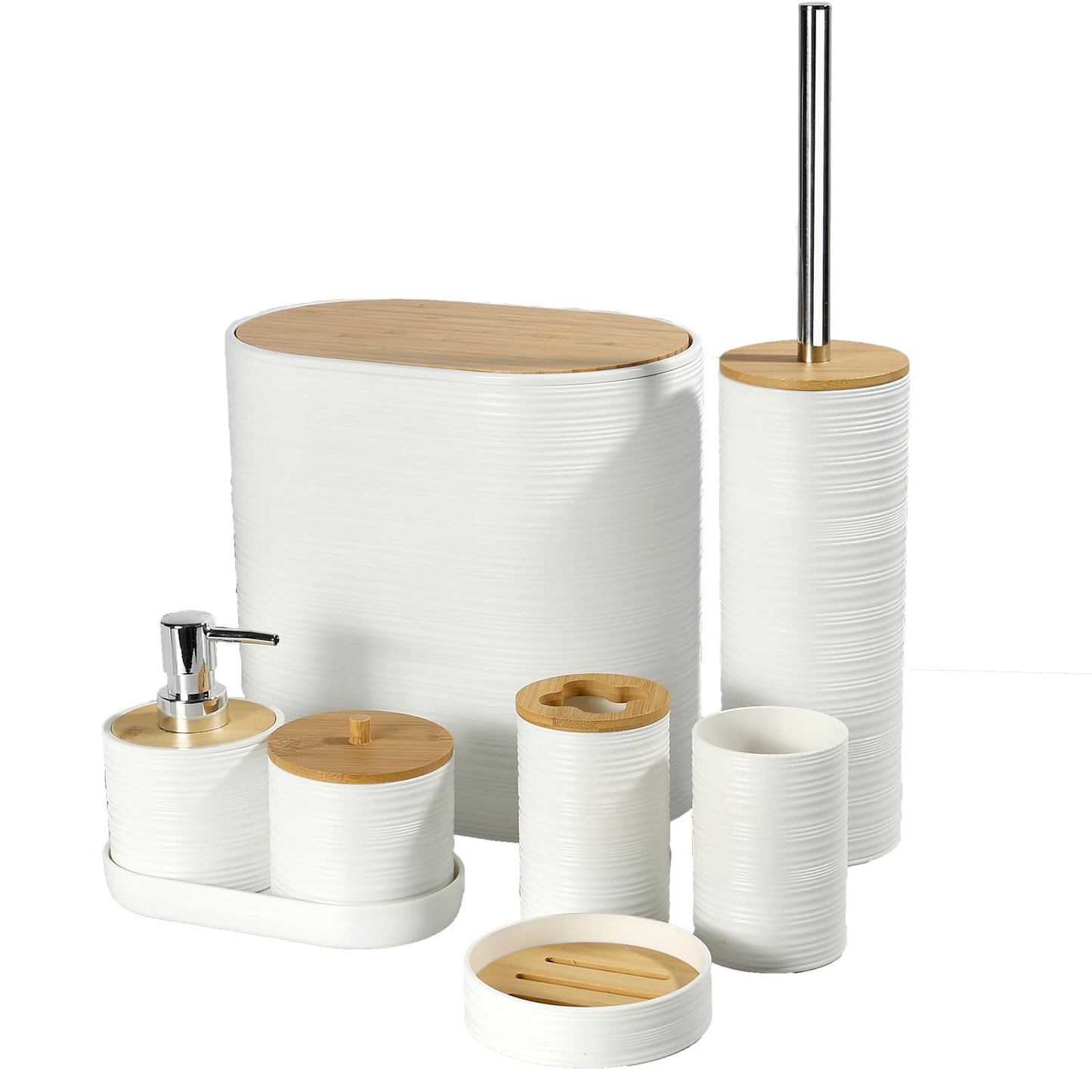 JETAINE Bathroom Accessories Set 8 Pieces, Bamboo Bathroom set Accessory, Luxury Toilet Accessories set w/Trash Can, Toilet Brush, Soap Dispenser
