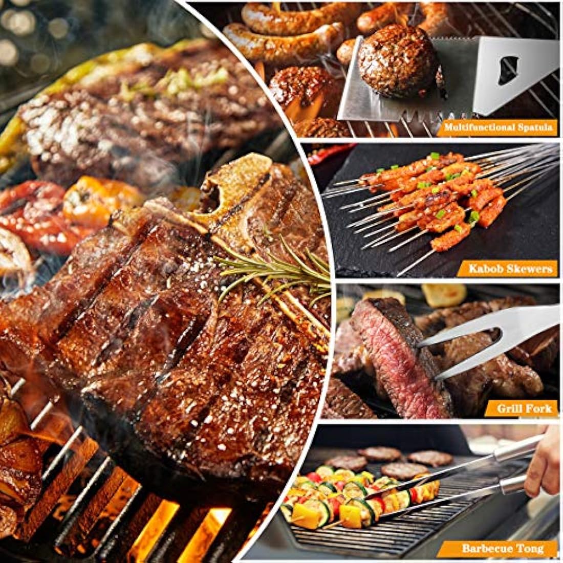 QH7 10 Pack BBQ Barbecue Tool Set, Stainless Steel Outdoor Barbecue Grill Utensils Set with Storage Bags for Picnics and Outdoor Activities