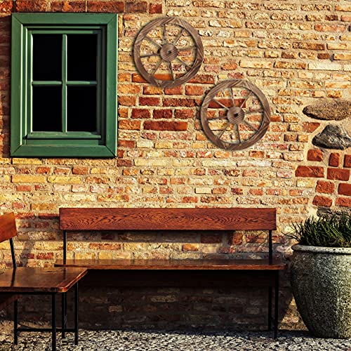 Relaxdays Wagon Wheel, Wood, Set of 2, Decoration for Garden, Terrace, Veranda, Rustic Cartwheel, Saloon, Western, Brown, 40 x 40 x 2.5 cm