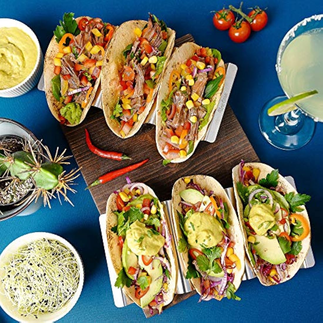 Uno Casa Taco Holders Set of 6 - Metal Holder for Taco Shells - Durable Stand for U-Shaped Rack - Perfect for Serving, Baking, and Grilling - Includes Recipe Book for Delicious Mexican Creations