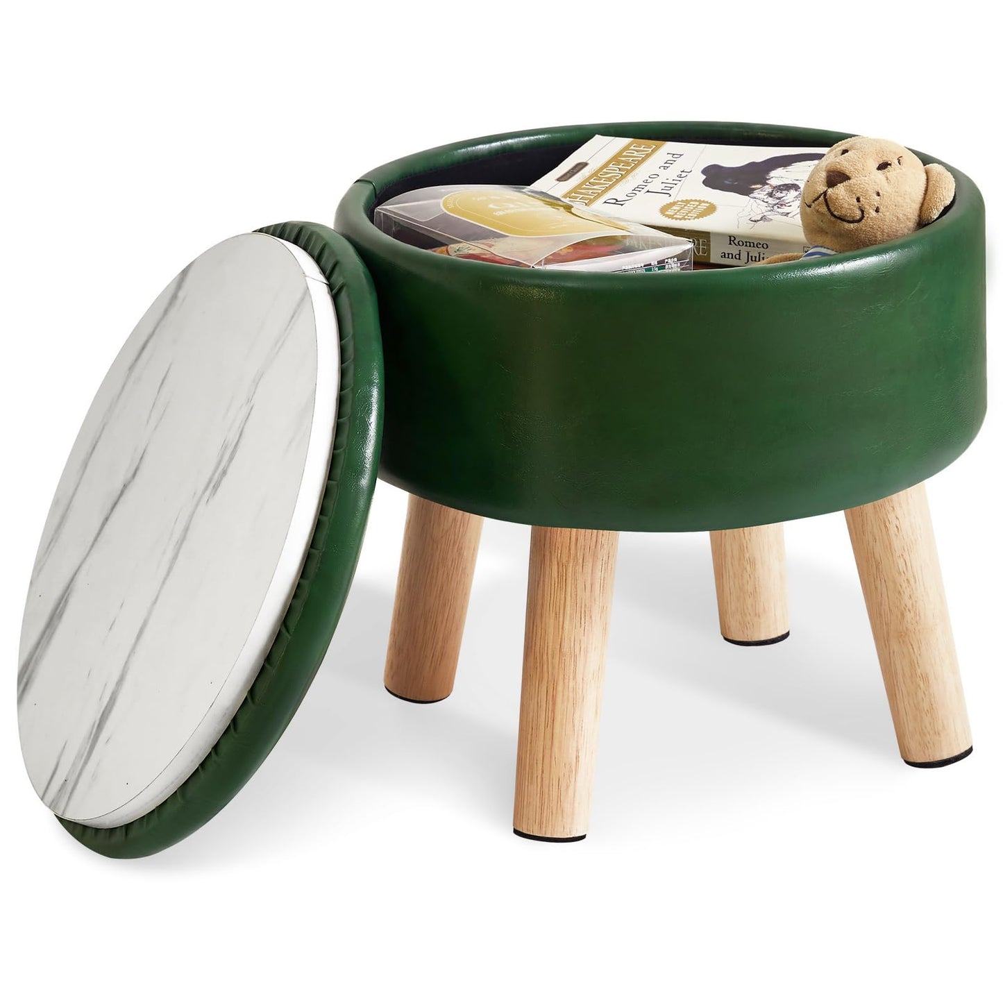 IBUYKE 13 Inch Small Footstool Ottoman with Storage, Round Pouffe Foot Rest with Padded Seat and Wood Legs