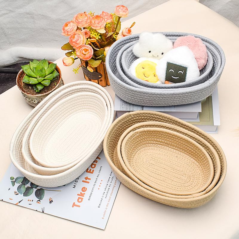 Cotton Rope Storage Baskets Set of 3 - Woven Storage Baskets for Organization, Available in White Grey Beige (Gray)