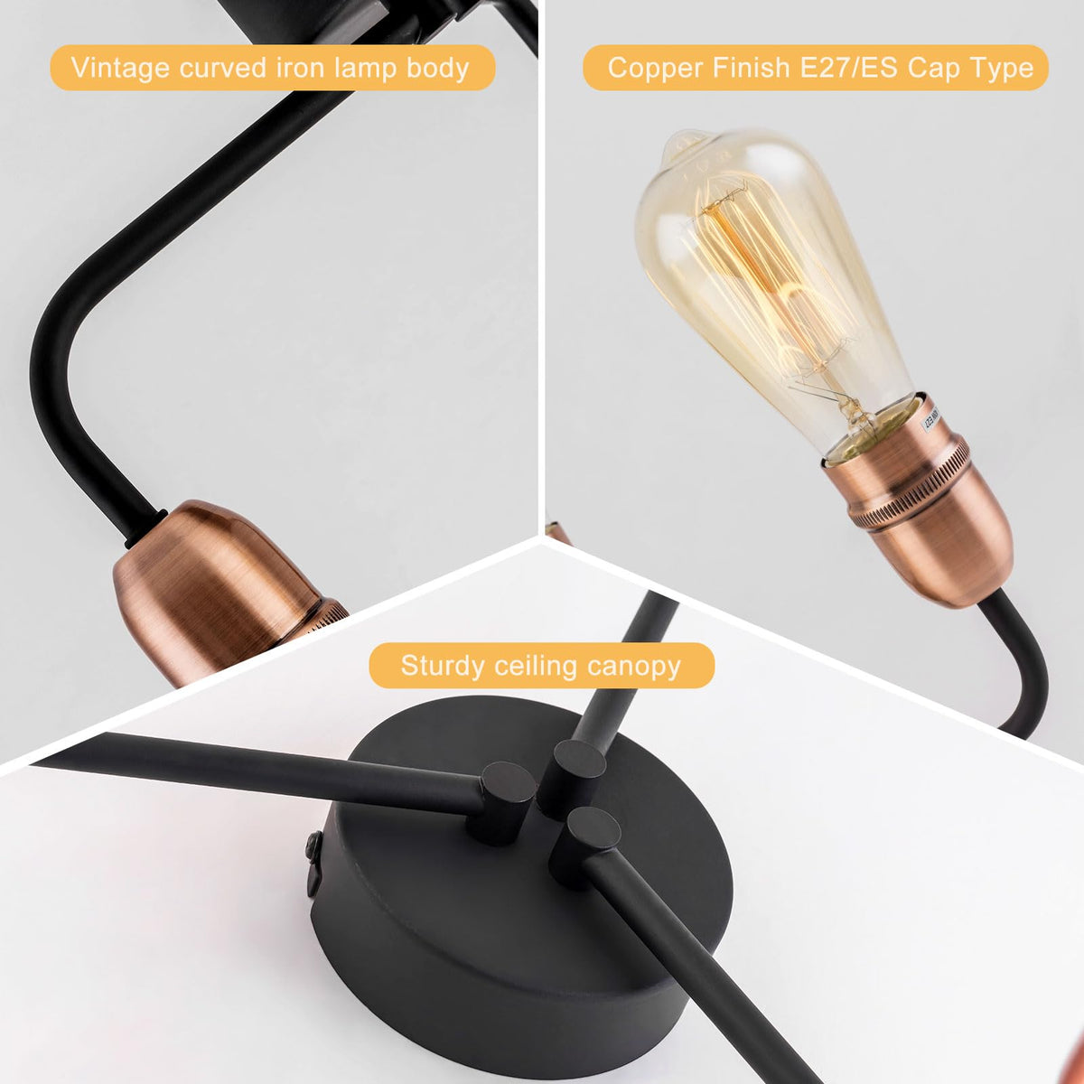 HARPER LIVING 3-Light Chandeliers Ceiling Lights, E27/ES Semi Flush Ceiling Lights Black with Copper Finish, 3x40W Vintage Ceiling Lamp for Living