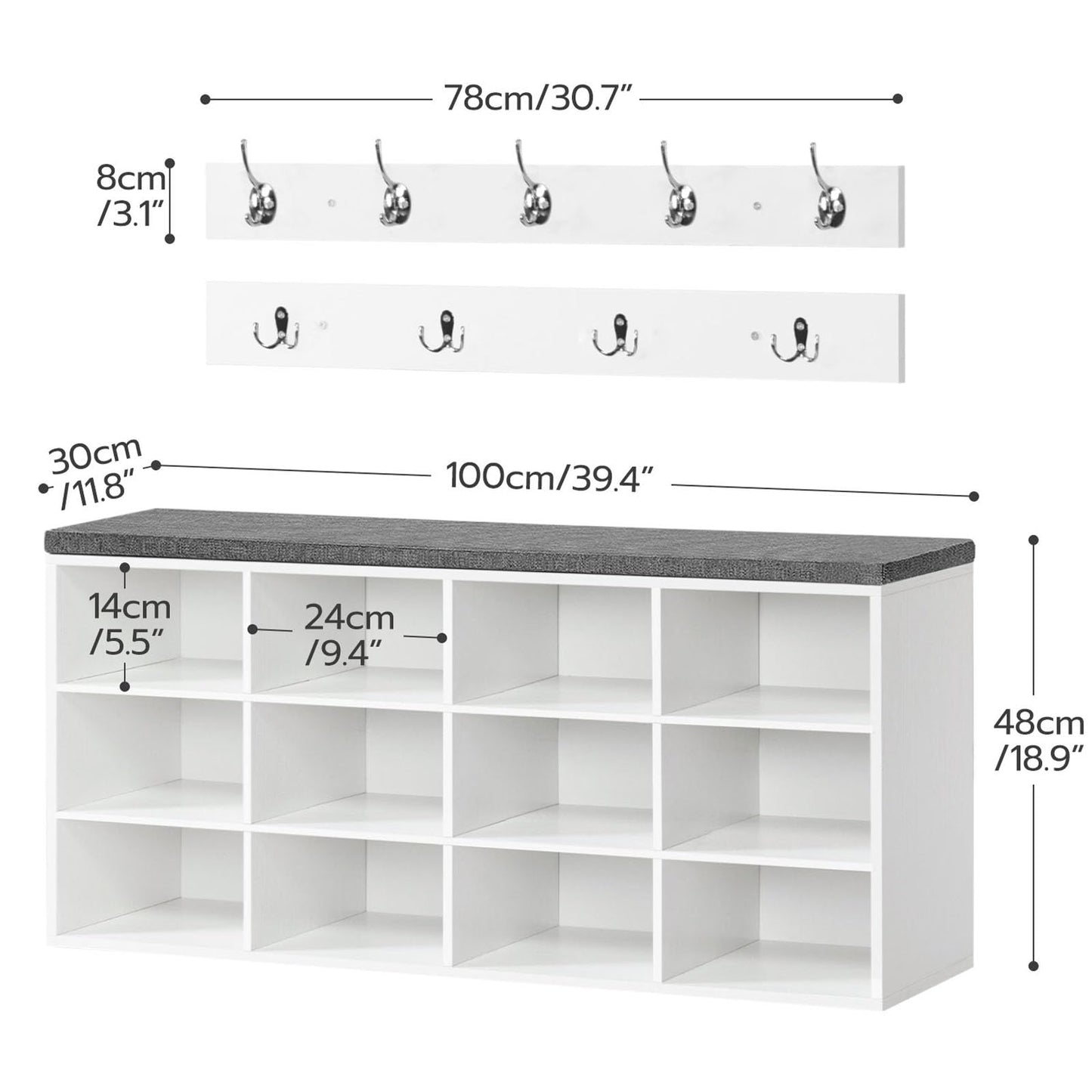 HOOBRO Shoe Storage Bench with Cushion and Coat Hooks, Shoe Rack Bench with Padded Seat, 100 cm Coat Rack for Hallway, 12 Compartments