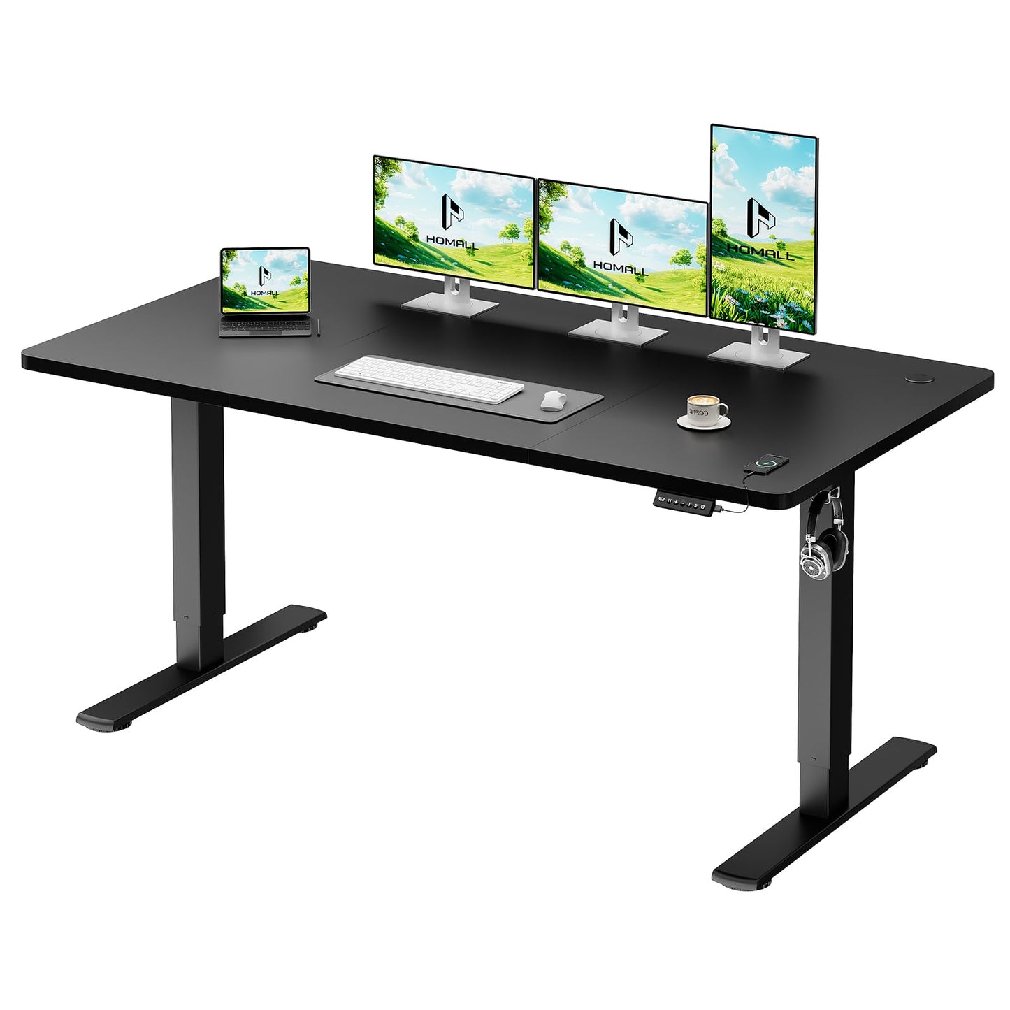 Homall Electric Height Adjustable Desk, Adjustable Height Office Desk with USB Ports, 160x70cm, Home Office with Splice Board, Black