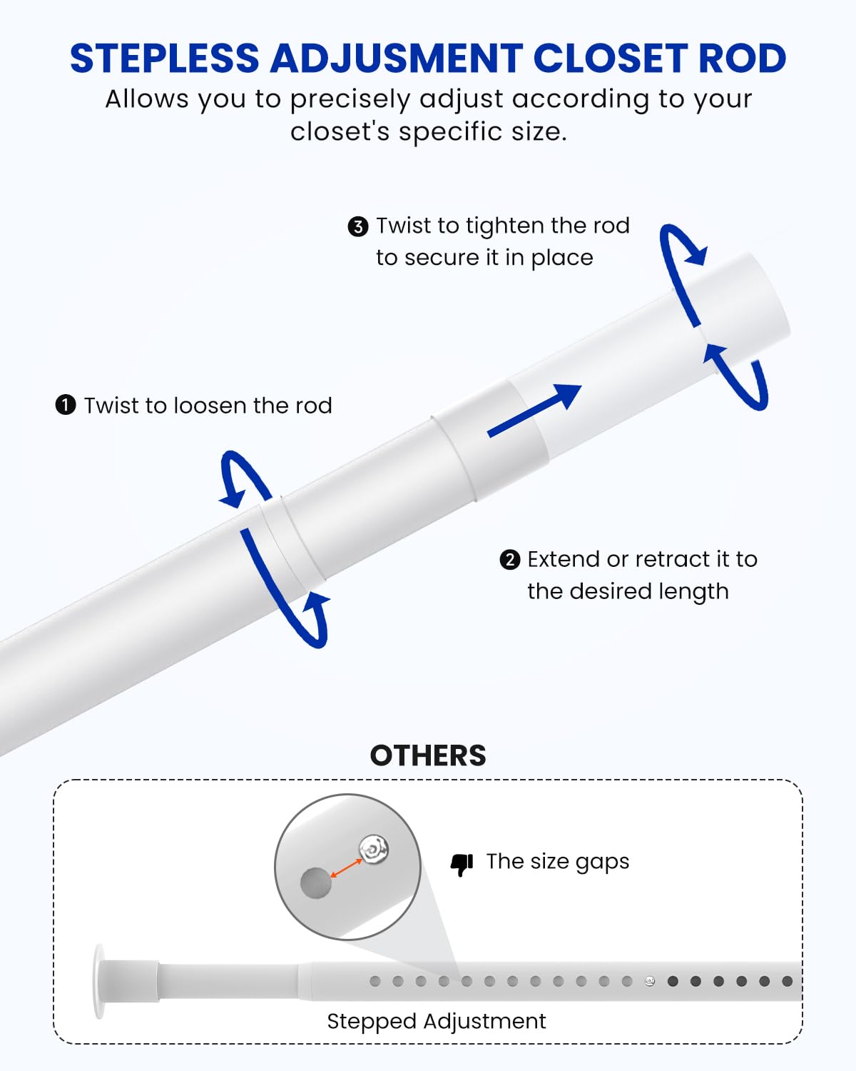 Wardrobe Rail, 43 to 173 CM Stepless Adjustable Metal Rails To Hanging Clothes, 3.3 CM Heavy Duty Wardrobe Rails and Fittings for Closet Wardrobes