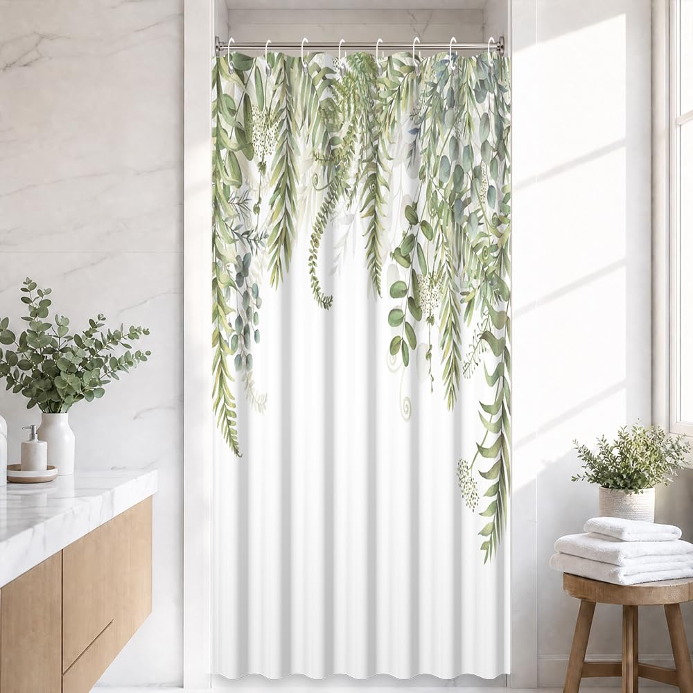 Uiiooazy Green Eucalyptus Shower Curtain, Sage Green Leaves Pattern Bath Curtain Mildew and Mould Resistant Waterproof Polyester Fabric Washable