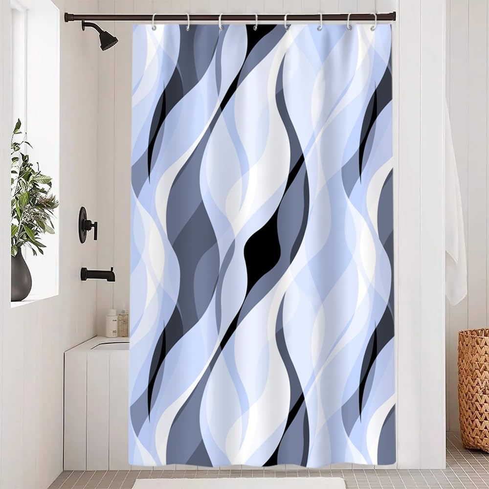 Uiiooazy Anti-Mould Shower Curtain, Blue Abstract Grey Striped Striped Bath Curtain Waterproof Fabric Washable Polyester Bathroom Curtains with 8