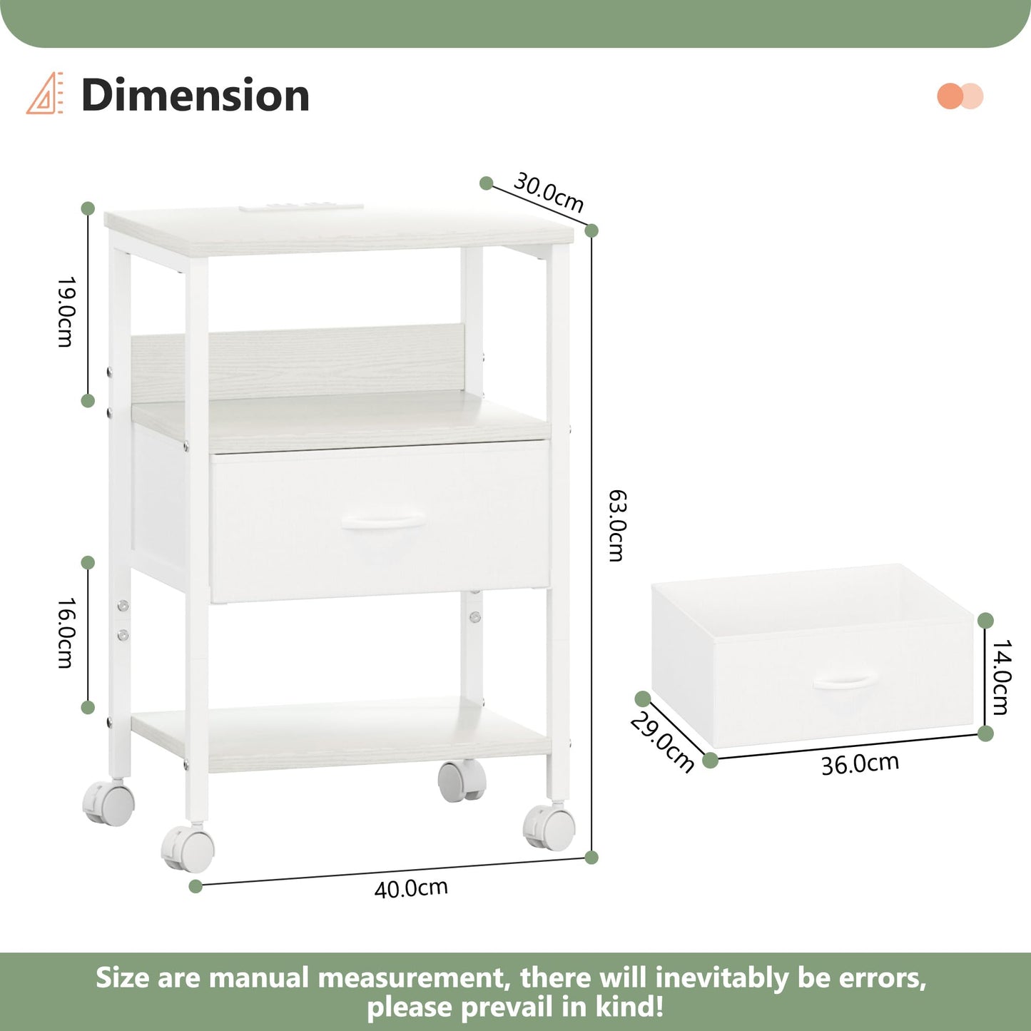 Lutown-Teen White Bedside Table with Charging Station & 4 Castor Wheels