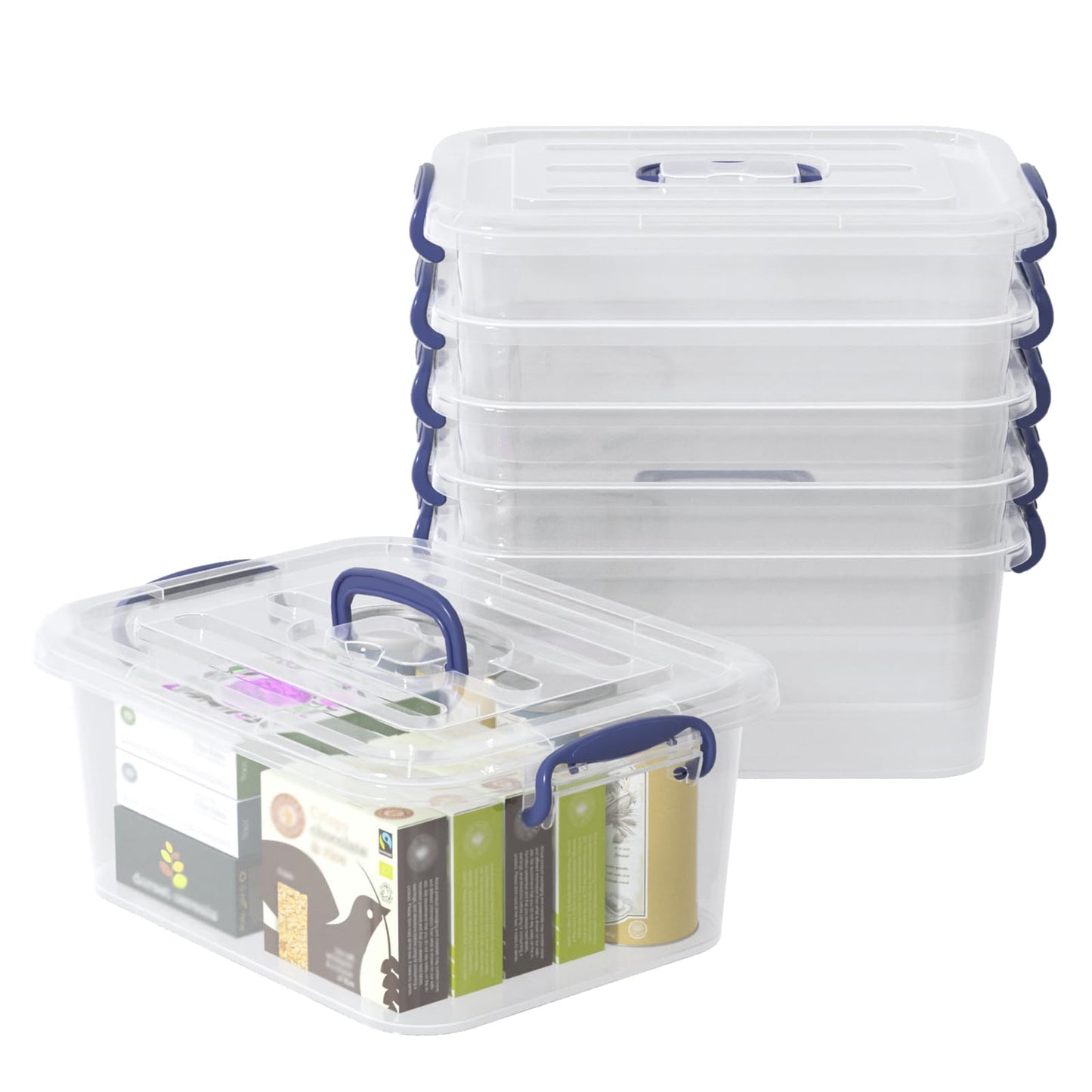 Ziglous 8 Litre Clear Storage Boxes with Lids and Handles, 6 Packs, Blue