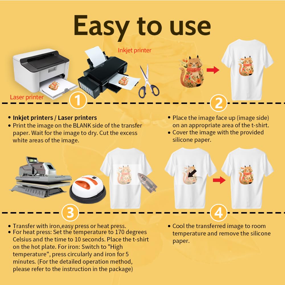 TransOurDream Tru-T Shirt Transfer Paper 100 Sheets A4 Iron On Transfers for Inkjet & Laser Printer Printable HTV Heat Transfer Vinyl for White and
