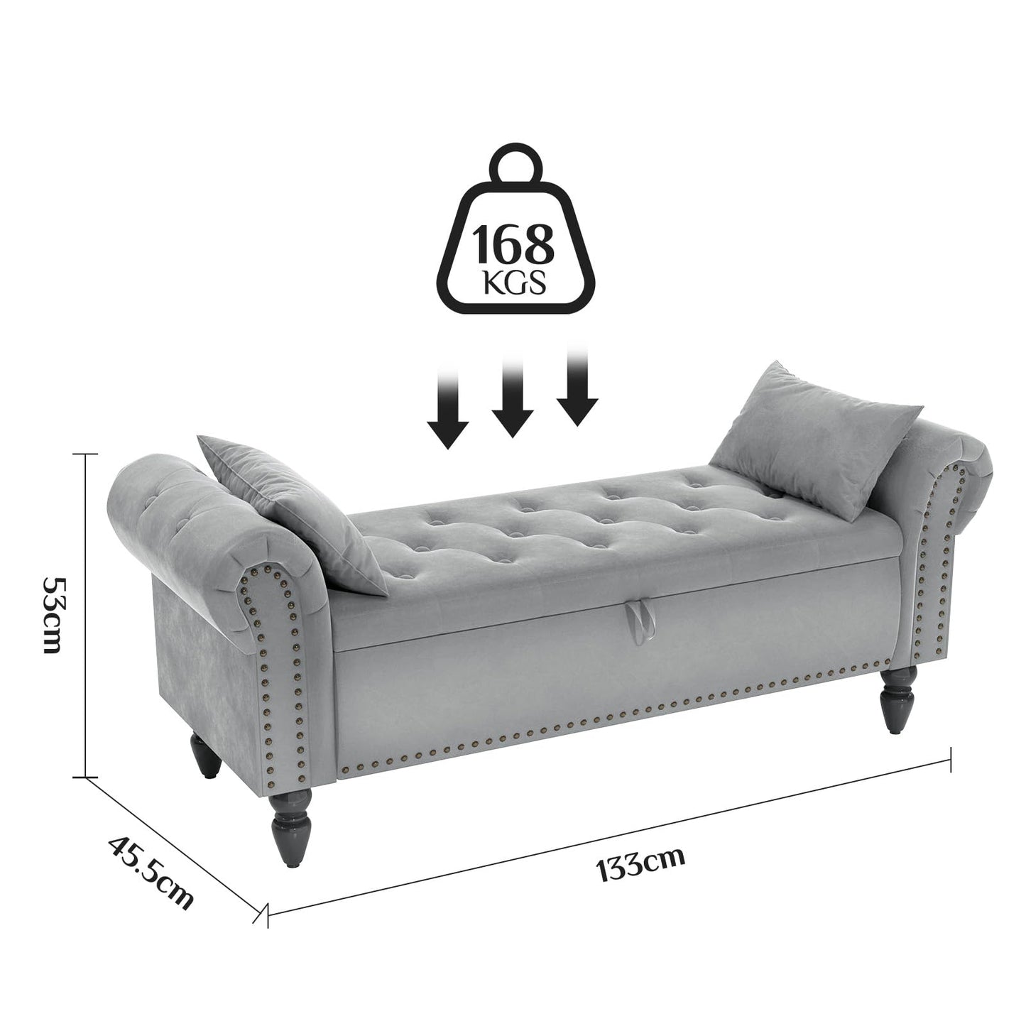 Clevich 133cm Velvet Storage Ottoman Bench, 168KG Load Capacity, Light Grey
