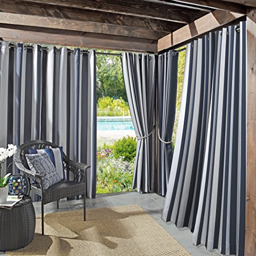 Sun Zero Valencia 2-Pack Cabana Stripe Indoor/Outdoor UV Protectant Energy Efficient Grommet Curtain Panel Pair, 54" x 108", Indigo