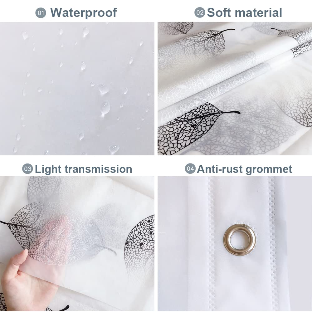 Lkw Ogechi Shower Curtain Black Leaves 200/220/240 CM Drop, PEVA Bathtub Curtains for Wet Room 180x220 cm, Antimould and Waterproof Bathroom Curtains
