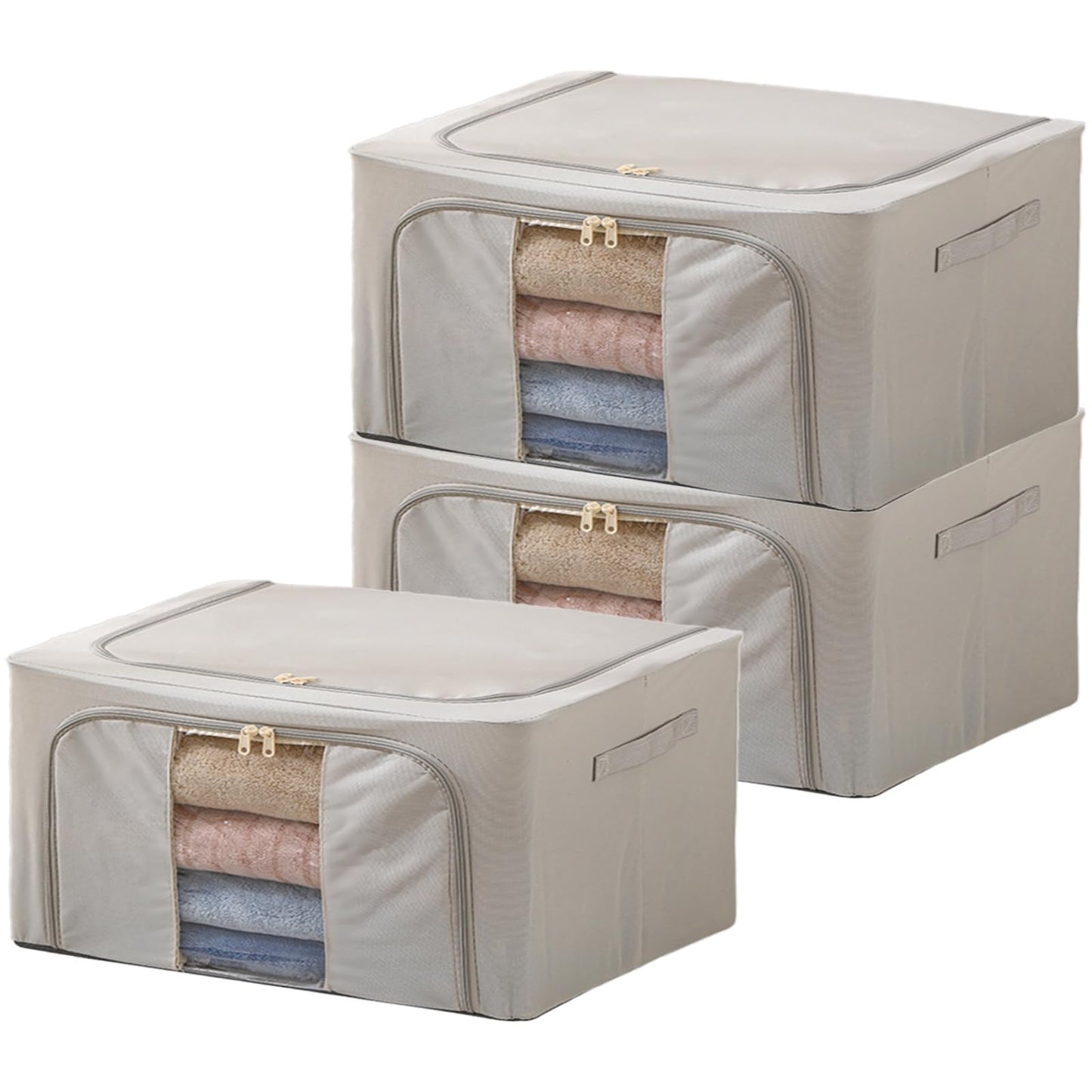Goesort 3 Pack Clothes Storage Boxes with Steel Frame Support, 22L Moving Bag Wardrobe Storage Organiser Packing Boxes for Moving House with Clear