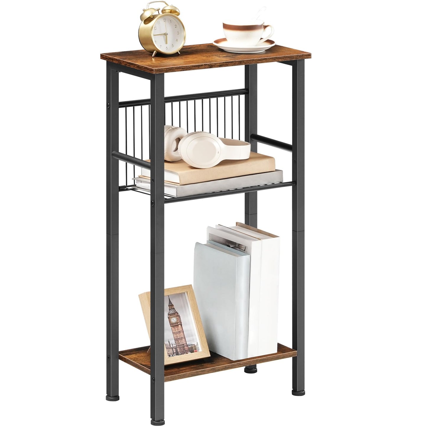 HOOBRO 3-Tier Slim Console Table with Adjustable Mesh Shelf, Slim Hallway Table with Adjustable Feet, Small Console Table for Hallway, Living Room