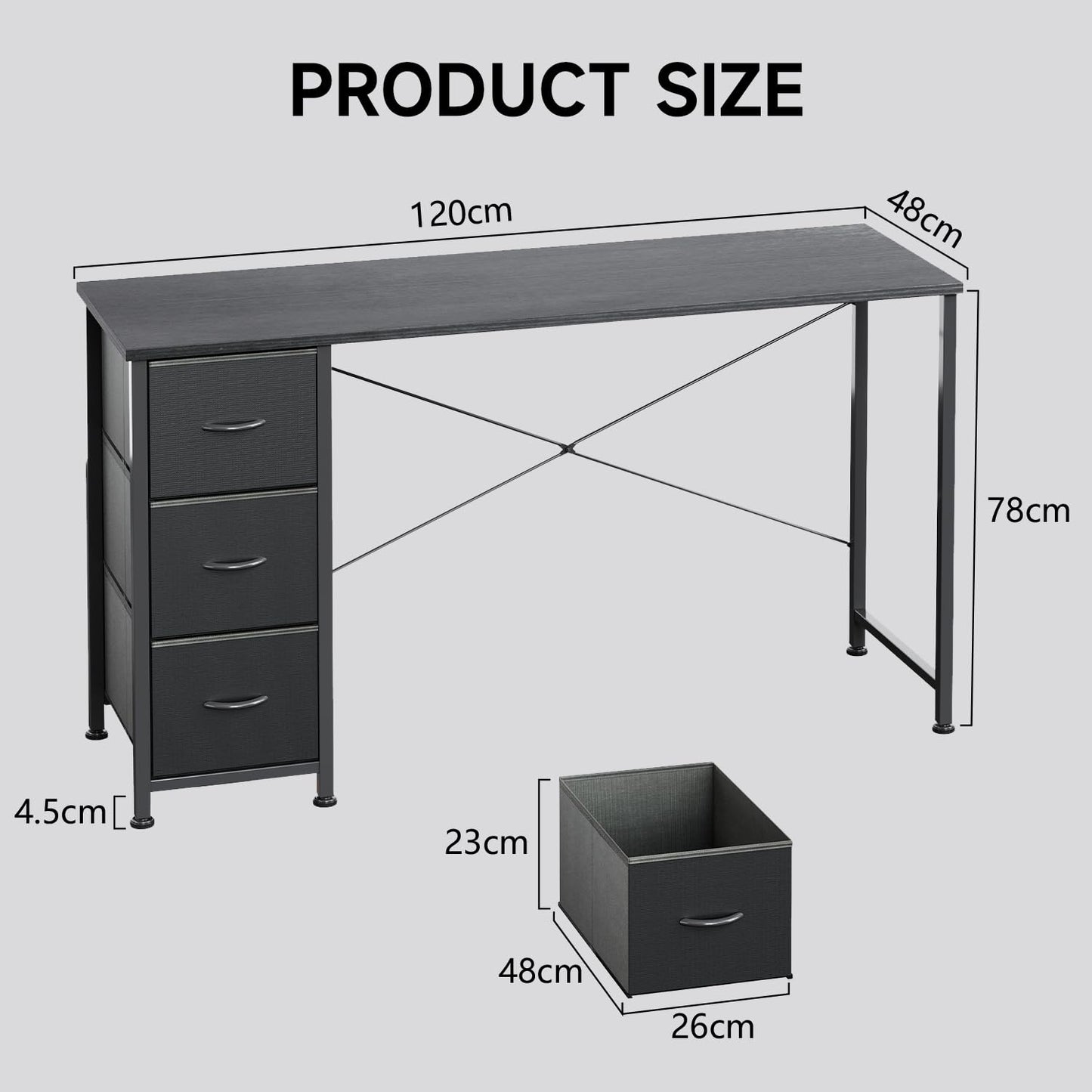 KitMent 120cm Wide Desk, Small Computer Desk with 3 Drawers, Home Office Desk with Adjustable Feet and Sturdy Frame