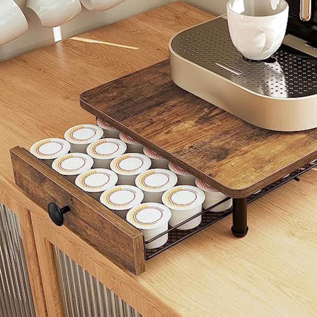 YATINEY Coffee Pod Holder, 35 Capsules Coffee Pod Drawer, Coffee Pod Storage Organizer with Sliding Mesh Basket, Wooden K Cup Holder, for Original Pod, for Kitchen, Rustic Brown XKH08BRG1