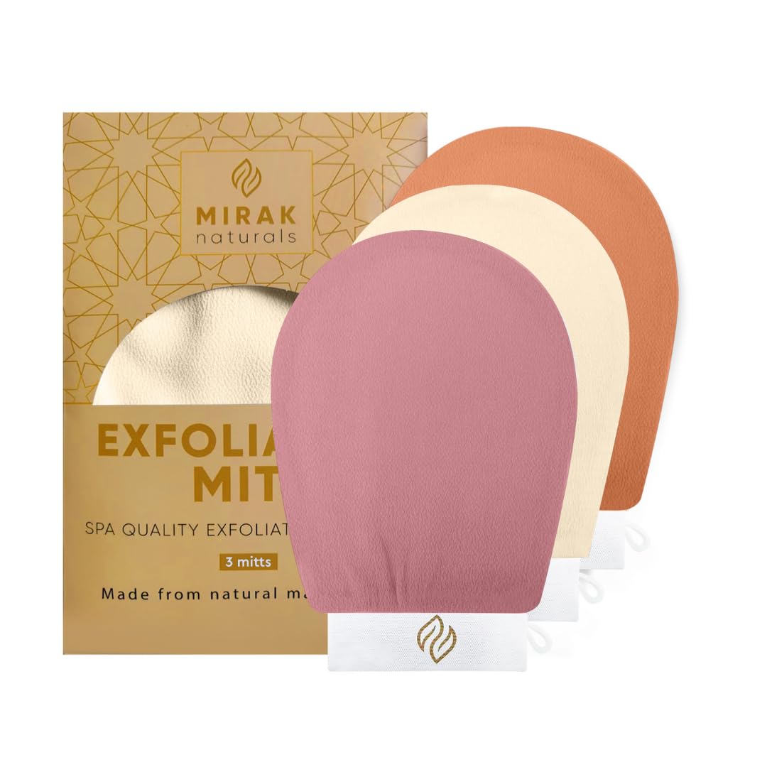 Mirak Naturals 3 Deep Exfoliating Mitts Body Scrub for Soft Skin - Exfoliating Glove & Skin Cleanser Spa Hammam Fake Tan Remover, Double-Sided Deep