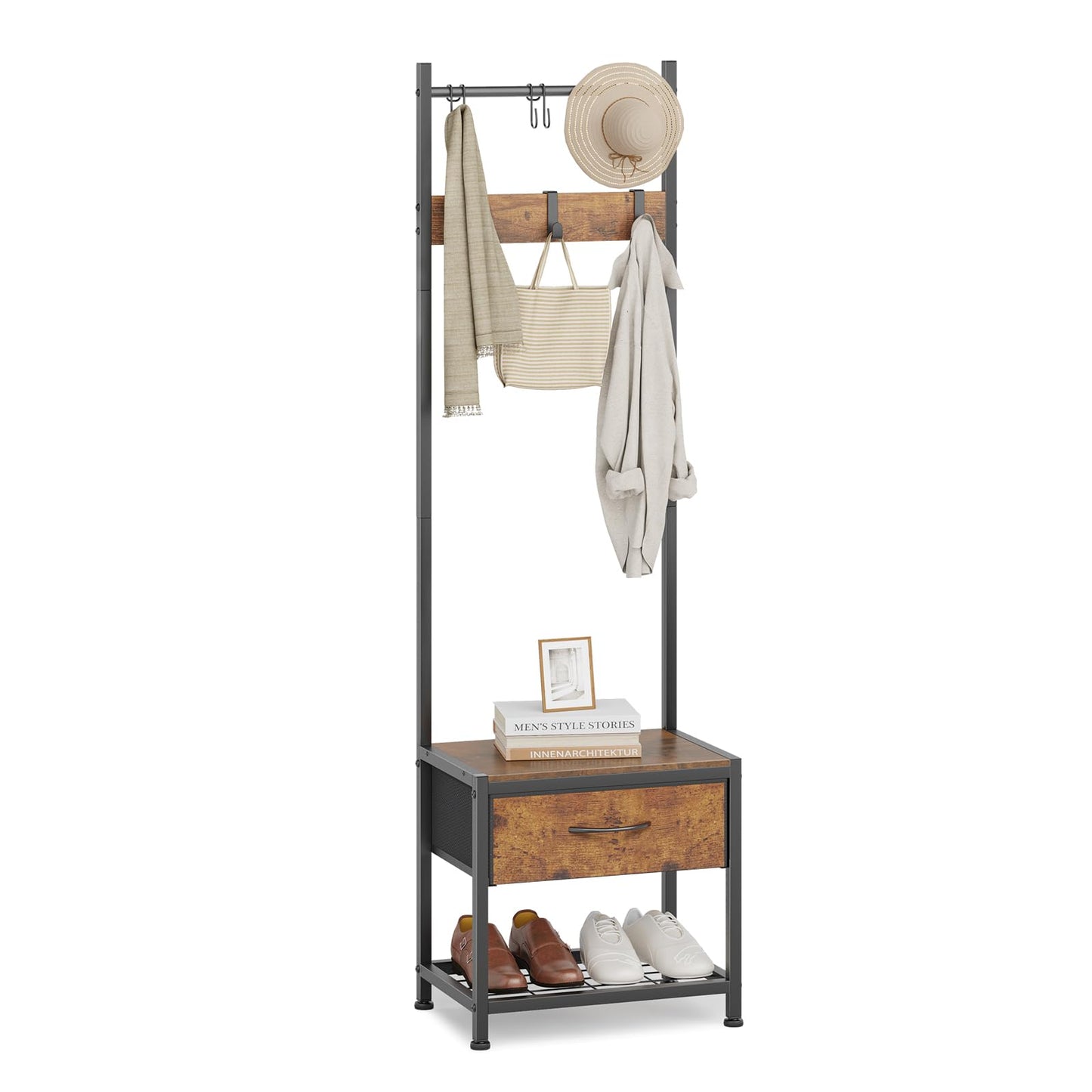 Narrow Coat Rack rustic Hall Tree 17.7"x12"x60.7" Rustic Brown